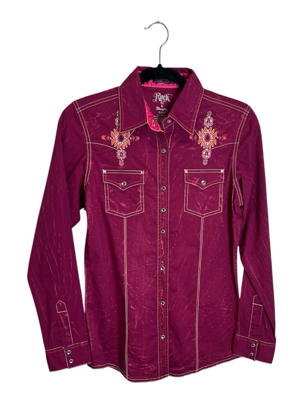 Rock 47 by wrangler pink embellished snap button down western shirt small